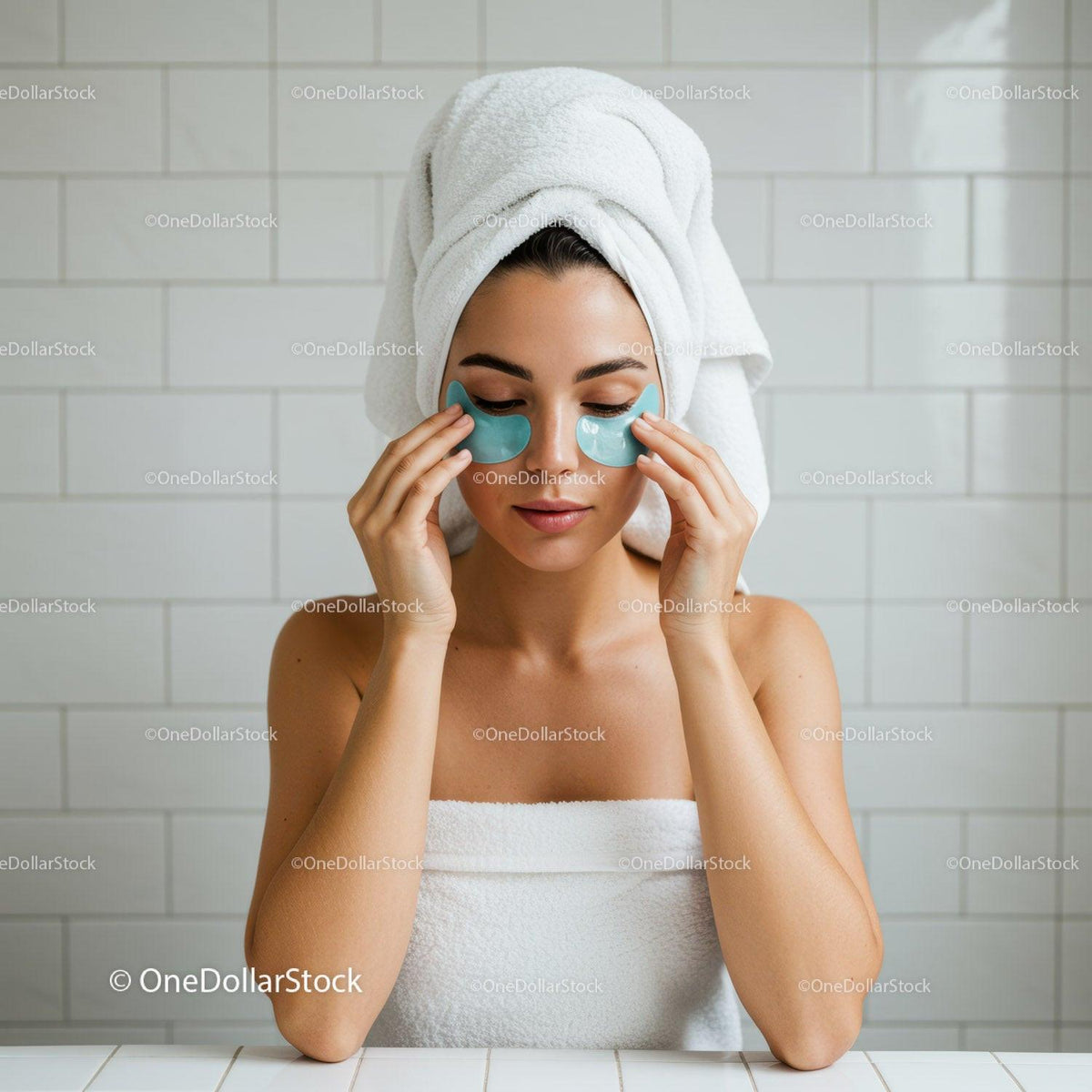 Woman relaxing with under eye patches in bathroom