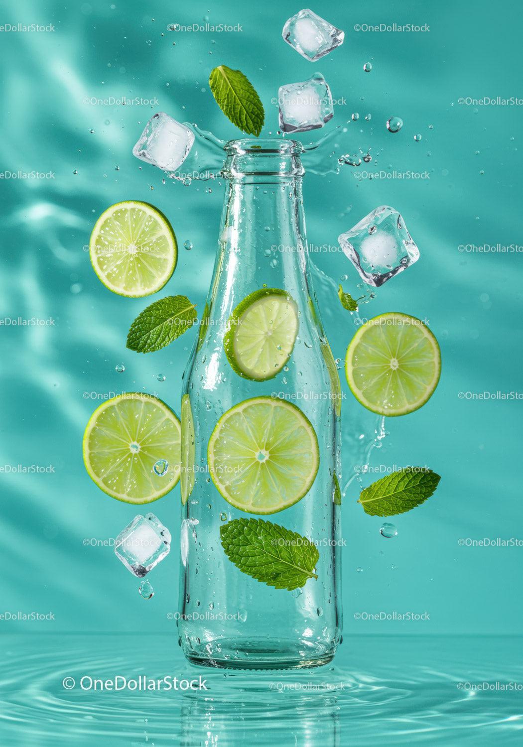 Fresh Lime Slices and Ice Cubes Splash in Glass Bottle