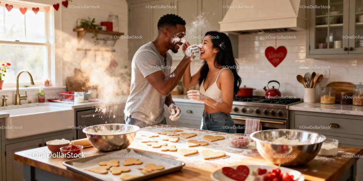 Couple playfully baking heart cookies in sunlit kitchen