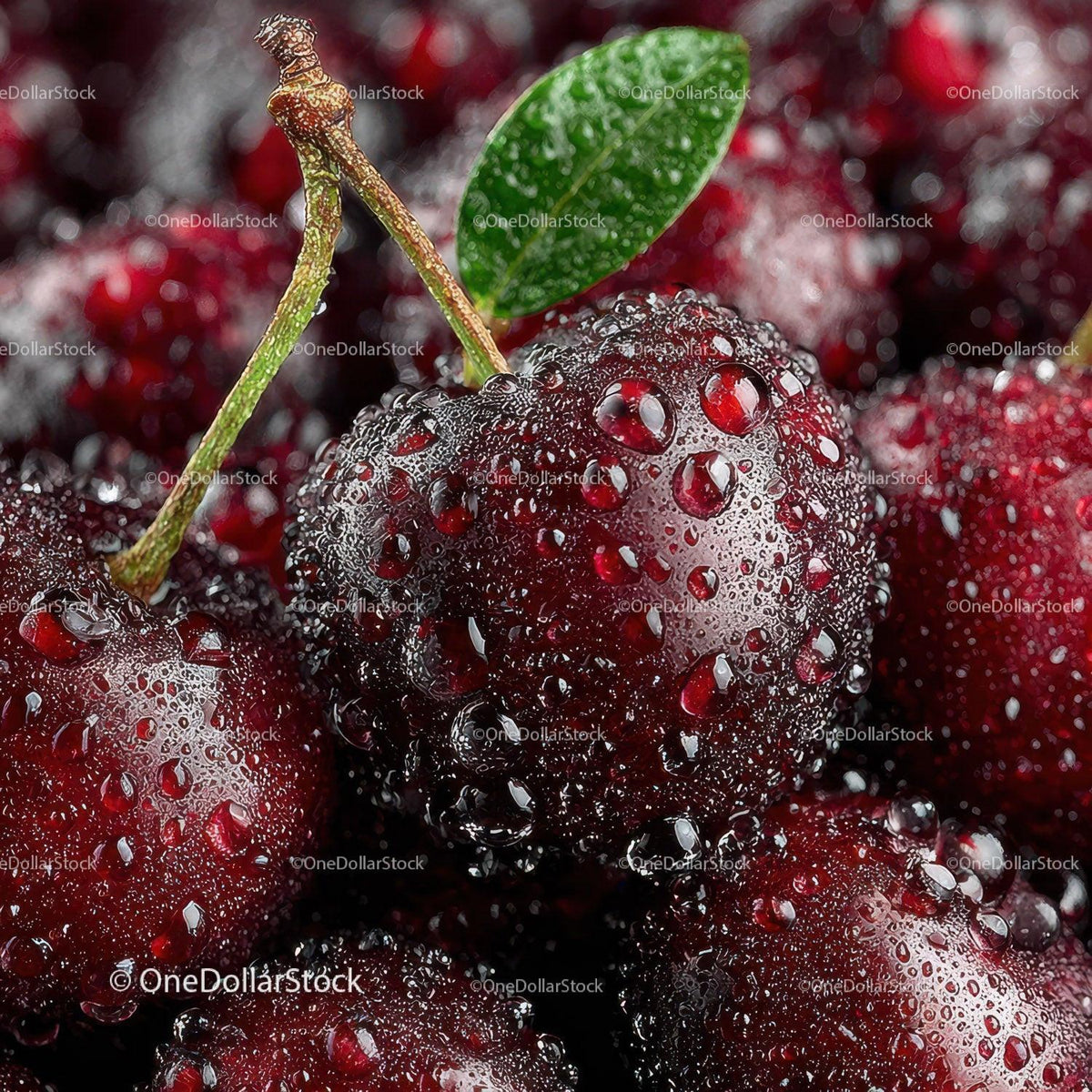 Red and Black Ripe Cherries with Dew Drops in Close Up Macro