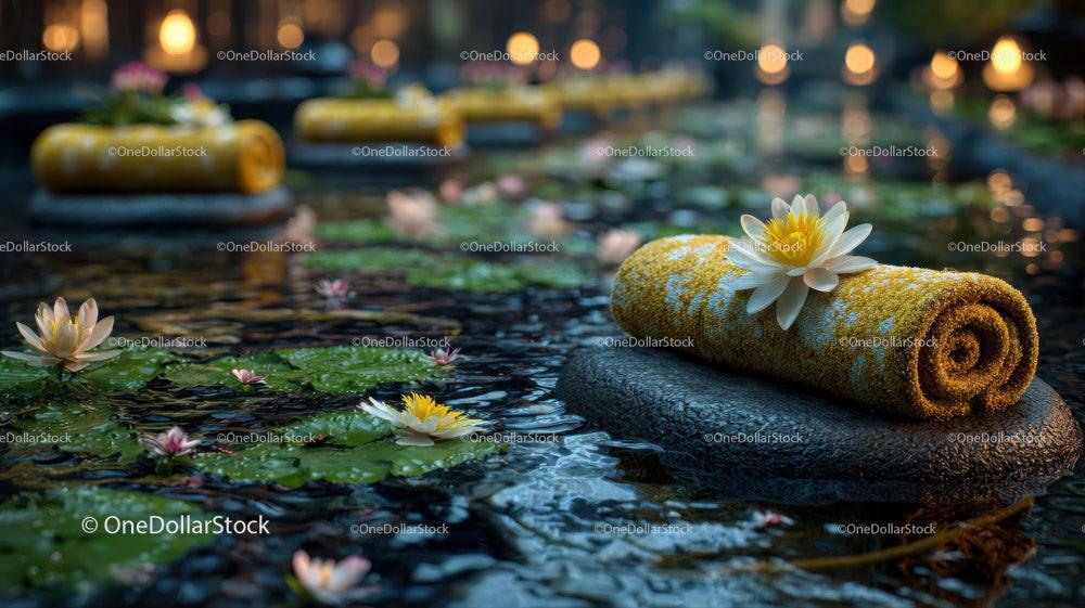 Spa Scene with Water Lilies and Rolled Towel at Sunset