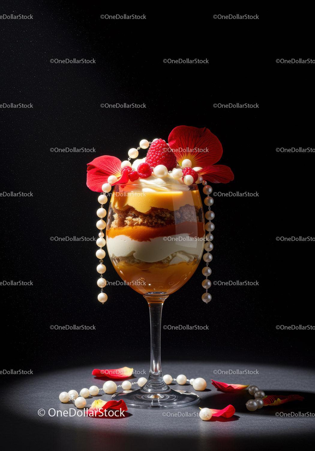 Layered dessert with raspberries and pearls on black