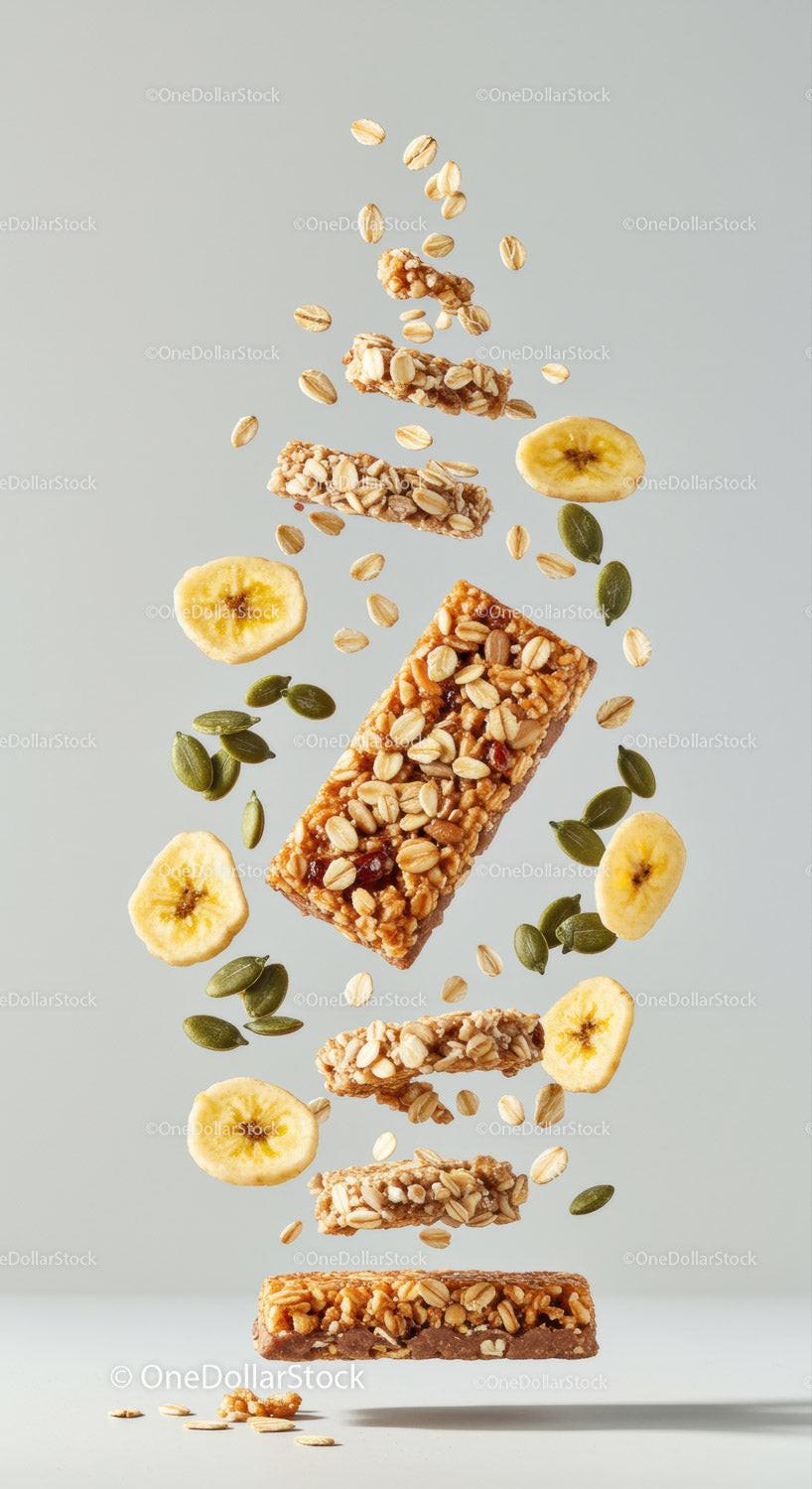Healthy granola bars with banana chips and seeds floating