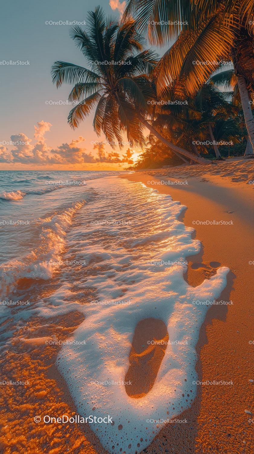 Sunset over Tropical Beach with Palm Trees and Ocean Waves