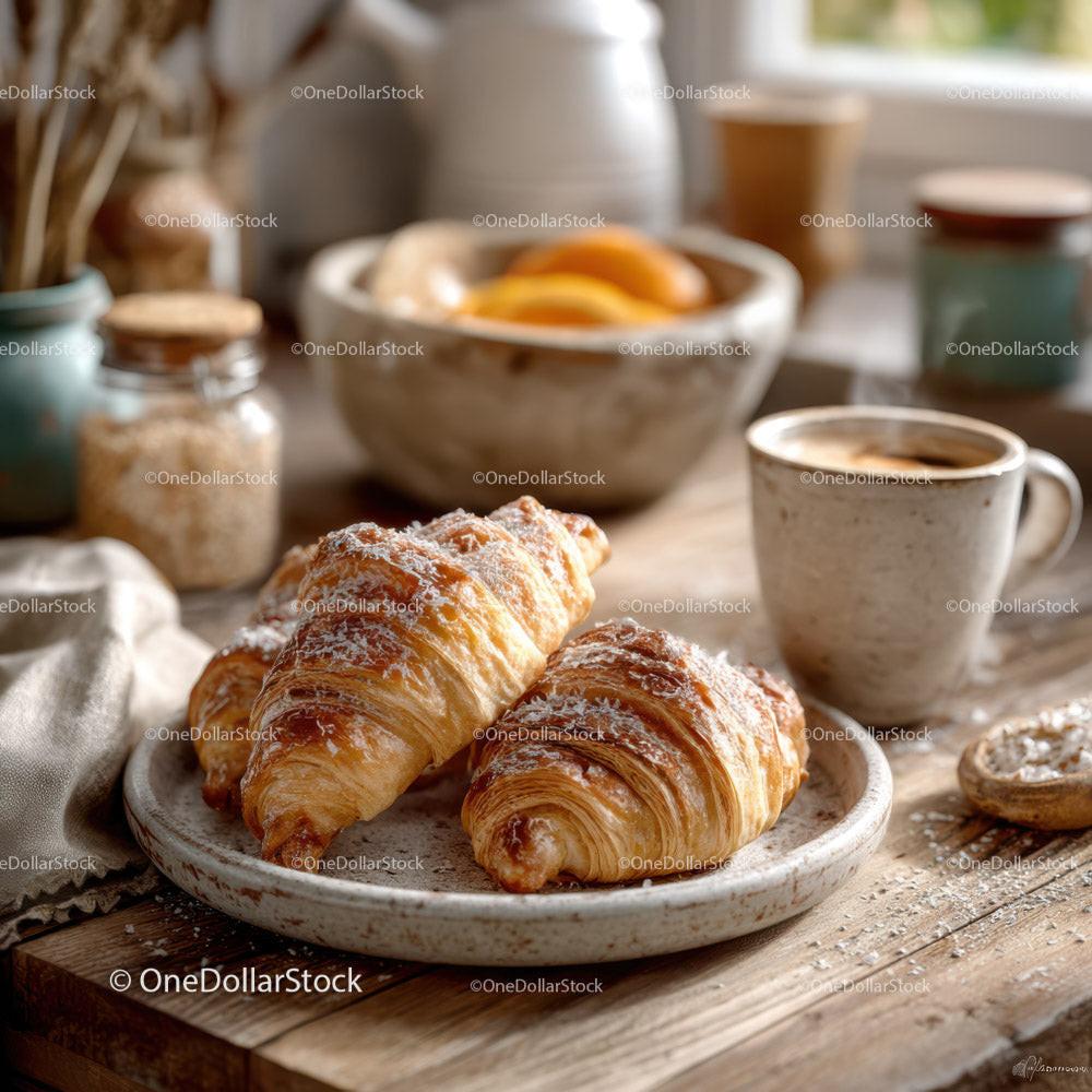 Rustic Breakfast with Croissants Coffee and Fresh Fruit Stock Photo Bundle creative preview 4