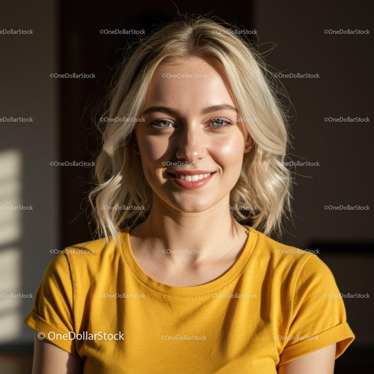 Smiling Blonde Woman in Yellow T-Shirt Outdoors with Natural Sunlight