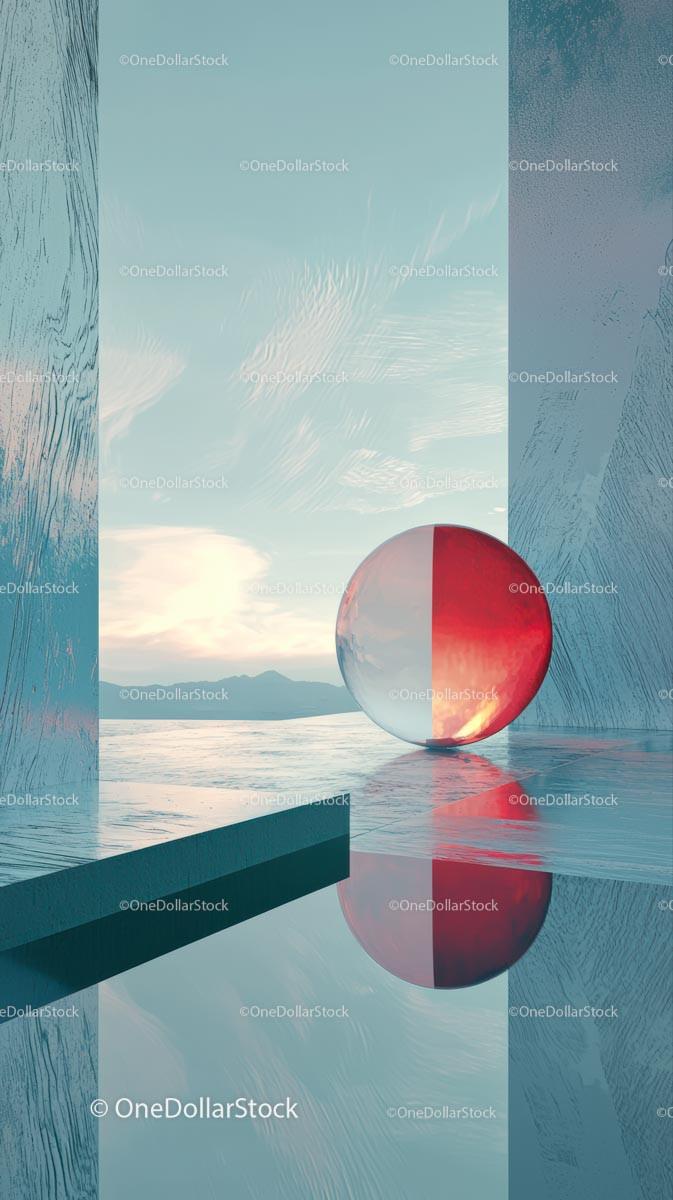 Abstract Modern Landscape with Floating Sphere and Water Reflection
