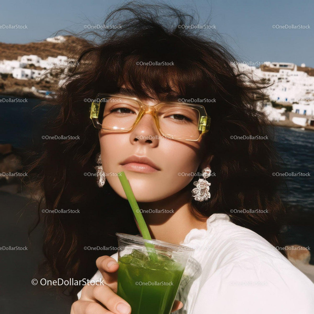 Fashionable Young Woman Sipping Green Juice by the Seaside