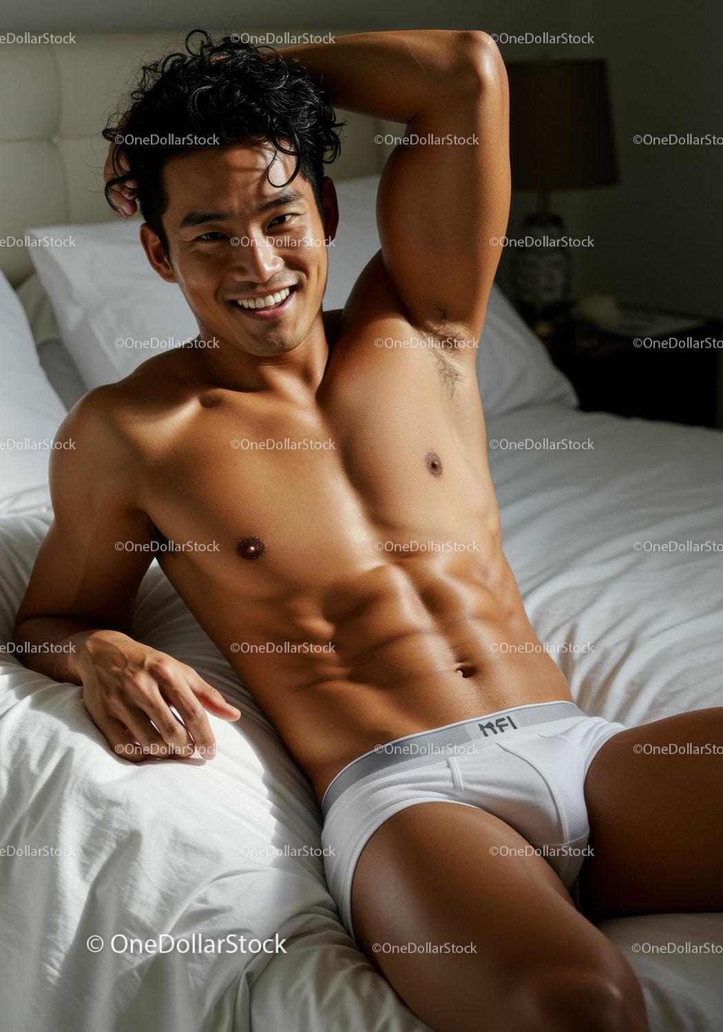Smiling muscular man relaxing on bed in white underwear