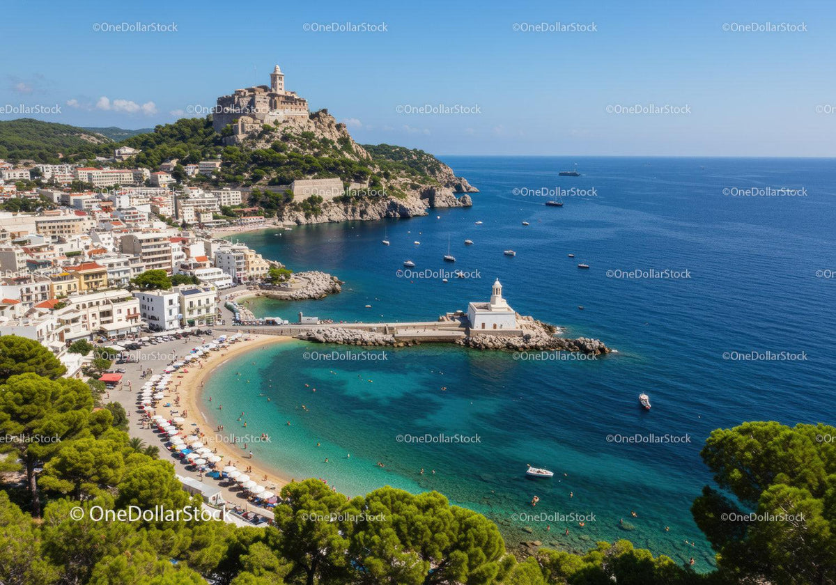 Picturesque Mediterranean Coastal Town with Seaside Beach and Boats