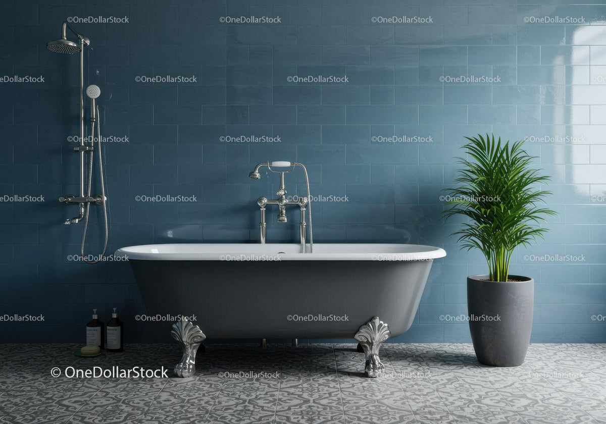 Classic clawfoot bathtub in stylish blue tiled bathroom