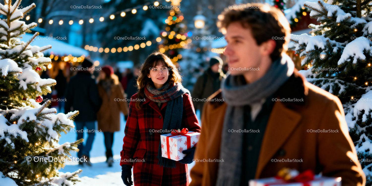 Smiling woman carrying Christmas gift in snowy market