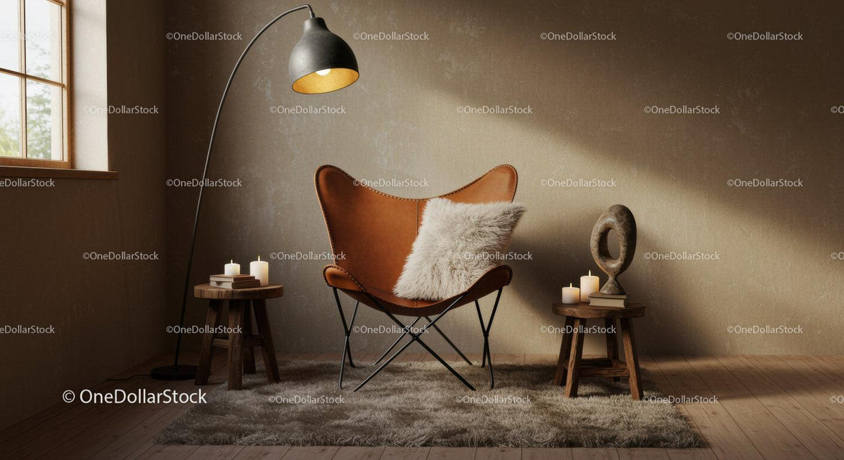 Cozy corner with leather chair and soft cushion