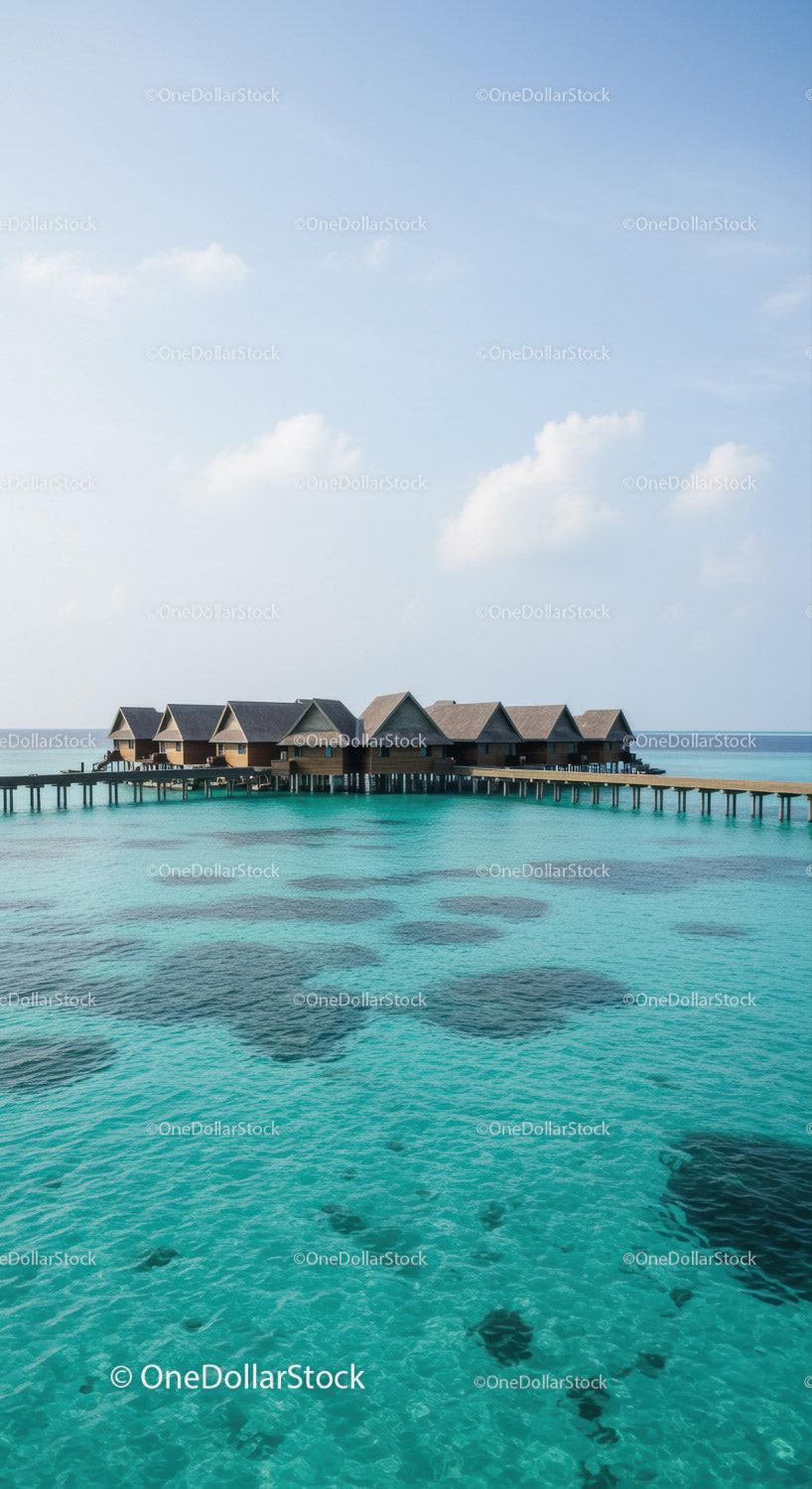 Overwater Bungalows on Turquoise Ocean with Clear Sky