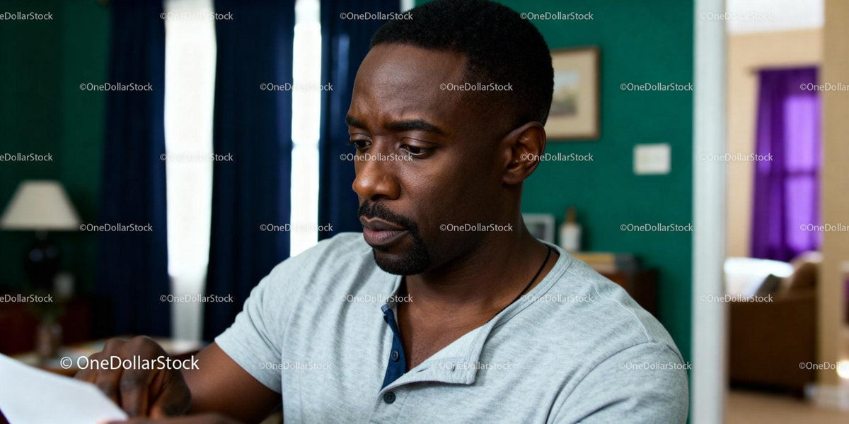 Focused young man reading a document at home
