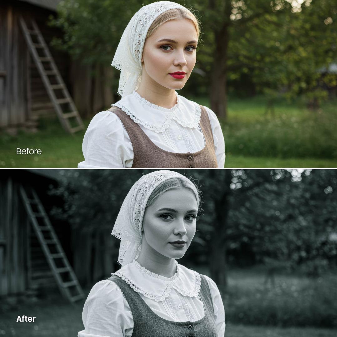 Before and after Folklore Mono Lightroom preset edit