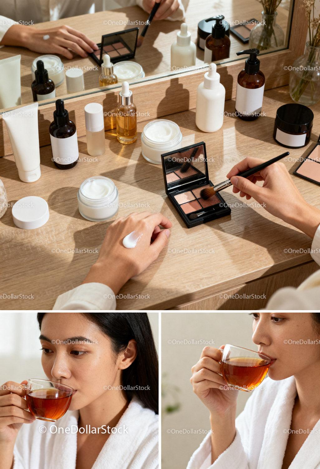 Woman enjoying self-care with skincare and makeup routine