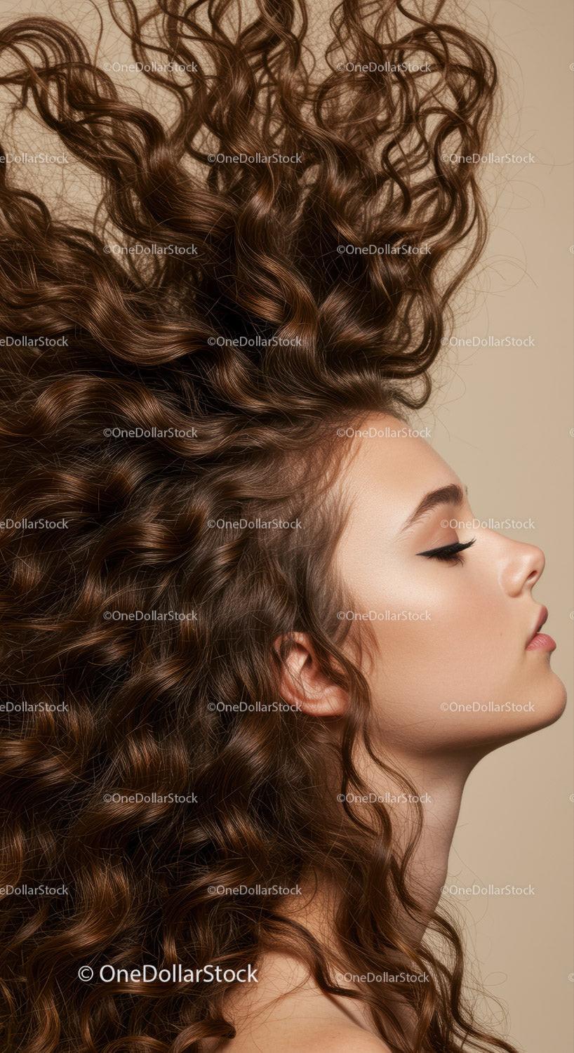 Profile of young woman with voluminous curly hair