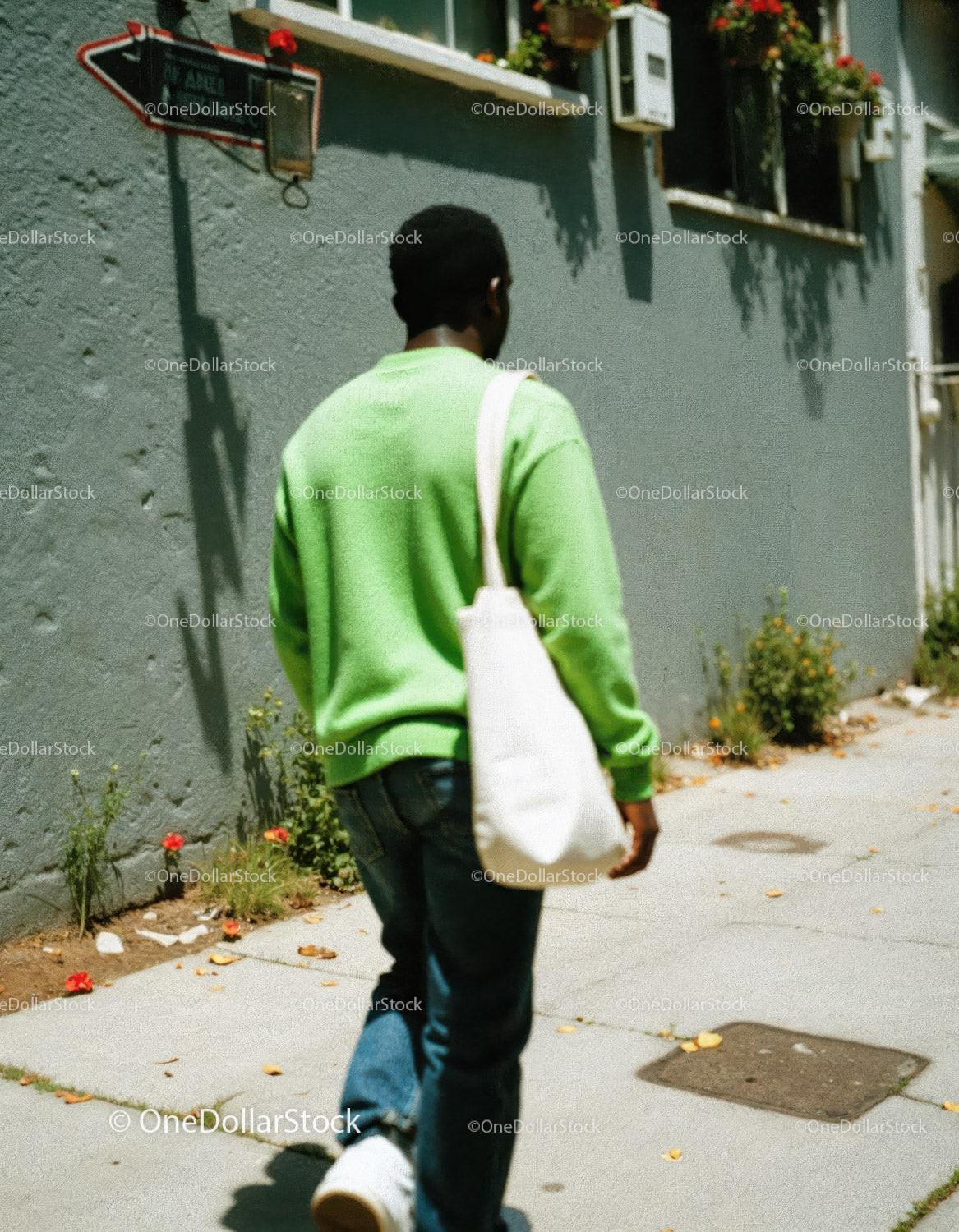 Young Man Walking on City Sidewalk in Casual Green Sweatshirt and Jeans