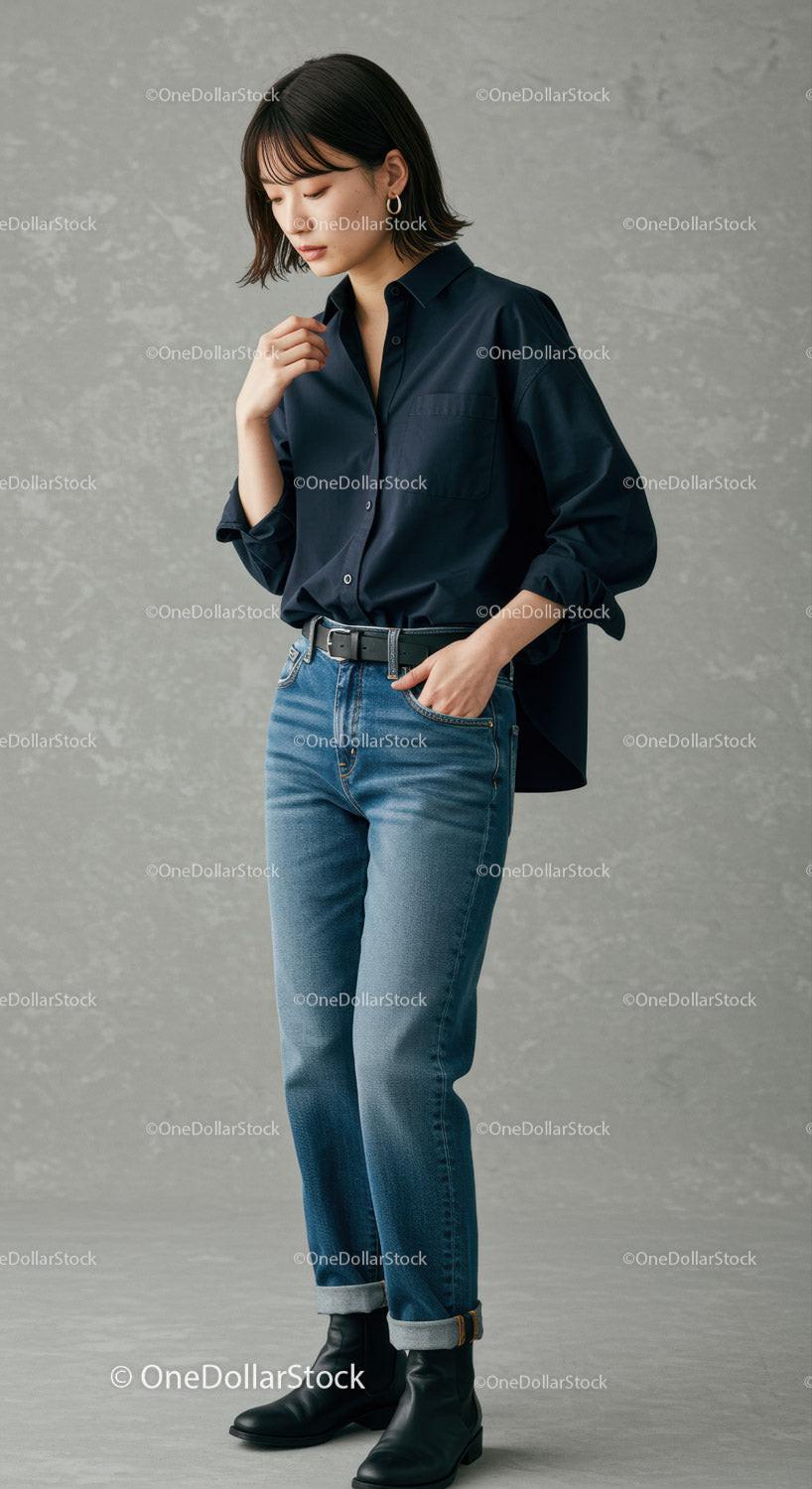Stylish Woman in Casual Jeans and Black Shirt Against Neutral Background