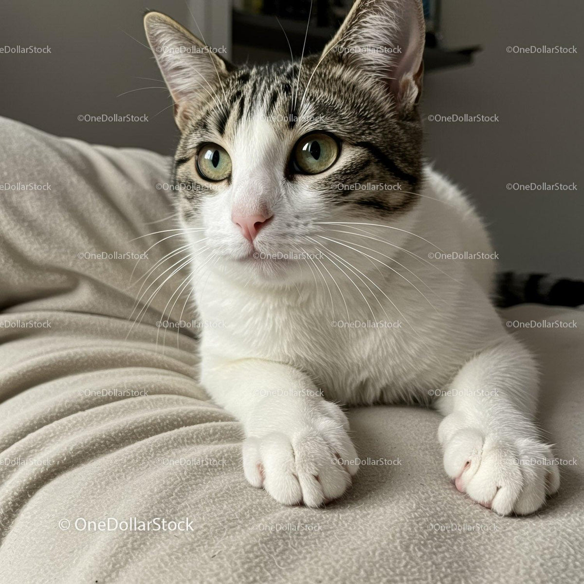 Curious tabby cat resting on cozy beige blanket