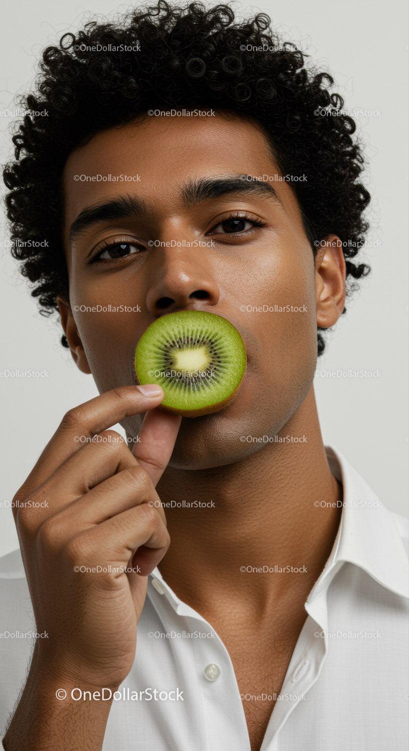 Young Man Holding Kiwi Slice with Natural Skin and Curly Hair