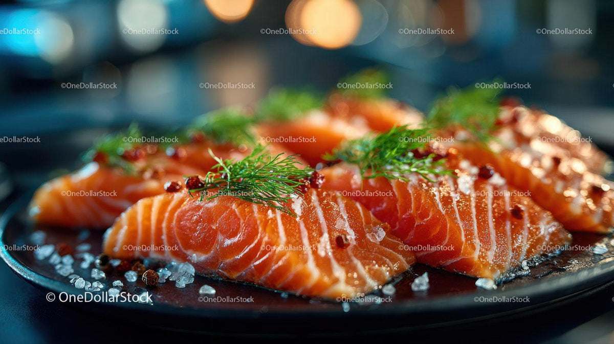 Fresh Sliced Smoked Salmon with Herbs and Sea Salt on Black Plate Stock Photo Bundle preview 15