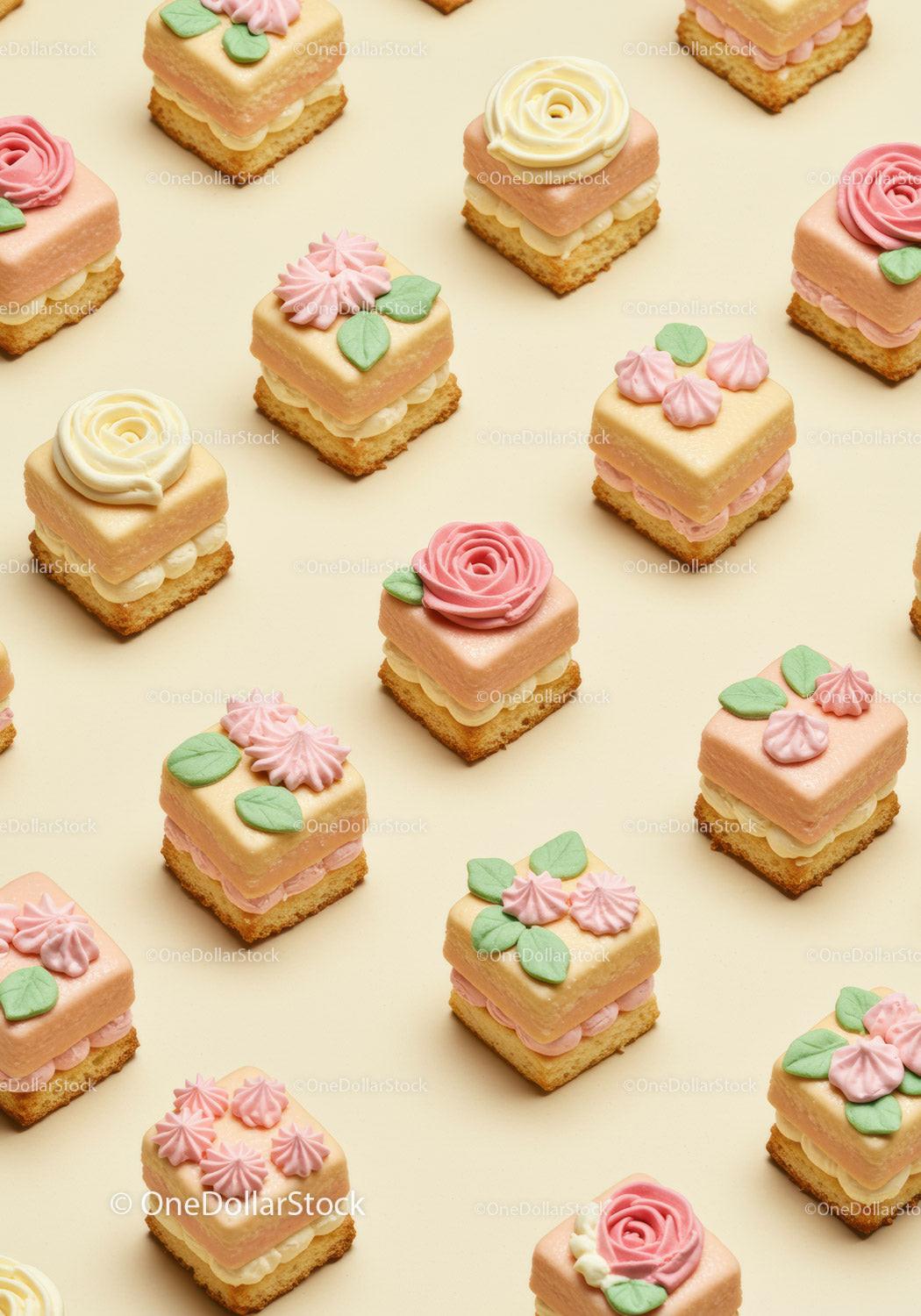 Assorted Miniature Floral Cakes on Pale Background