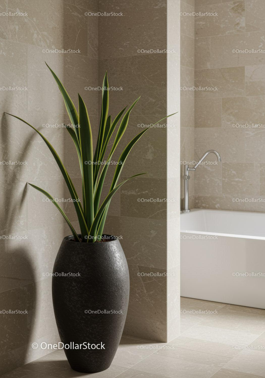 Modern Indoor Green Plant in Stylish Bathroom with Beige Tiles
