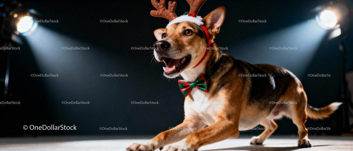 Happy dog wearing reindeer antlers and festive bow tie