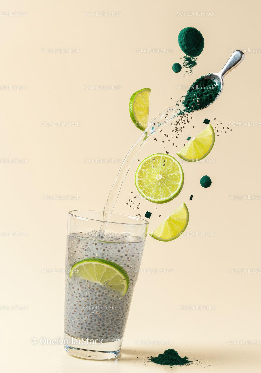Refreshing spirulina drink with lime slices and chia seeds