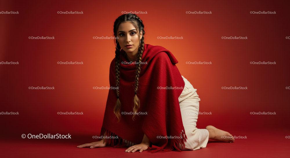 Elegant Woman in Red Shawl Posing Against Vibrant Background Stock Photo Bundle preview 6
