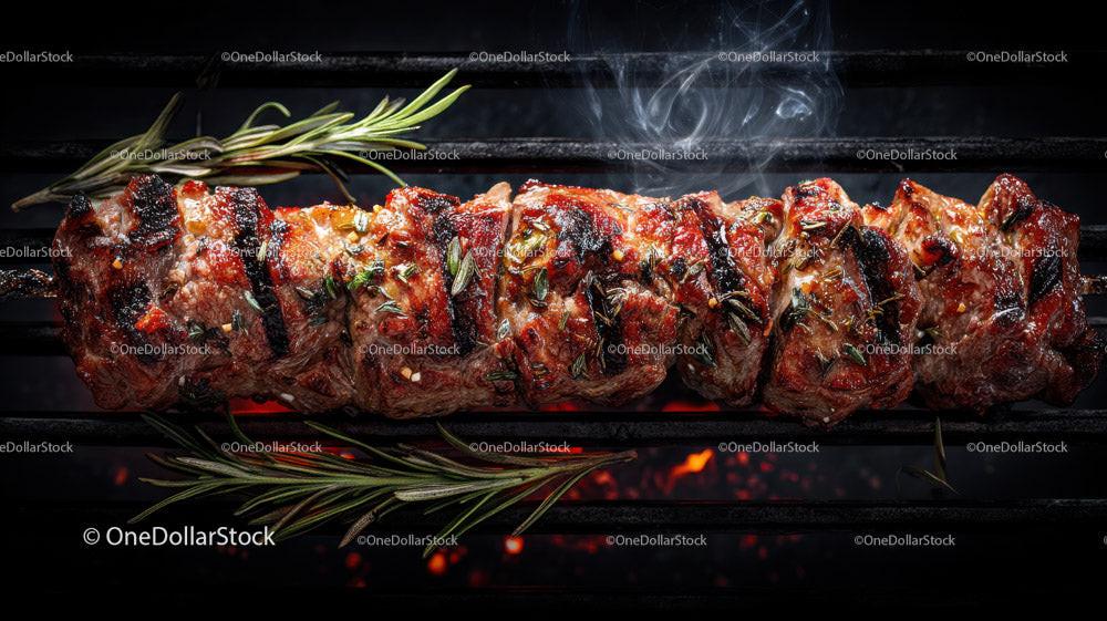 Juicy Grilled Meat Skewers with Charred Edges on Open Flame Stock Photo Bundle preview 33