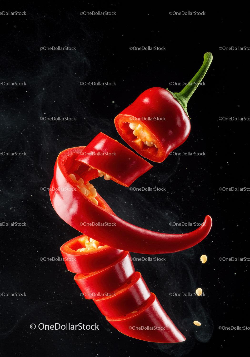 Spiraled sliced red chili pepper on black background
