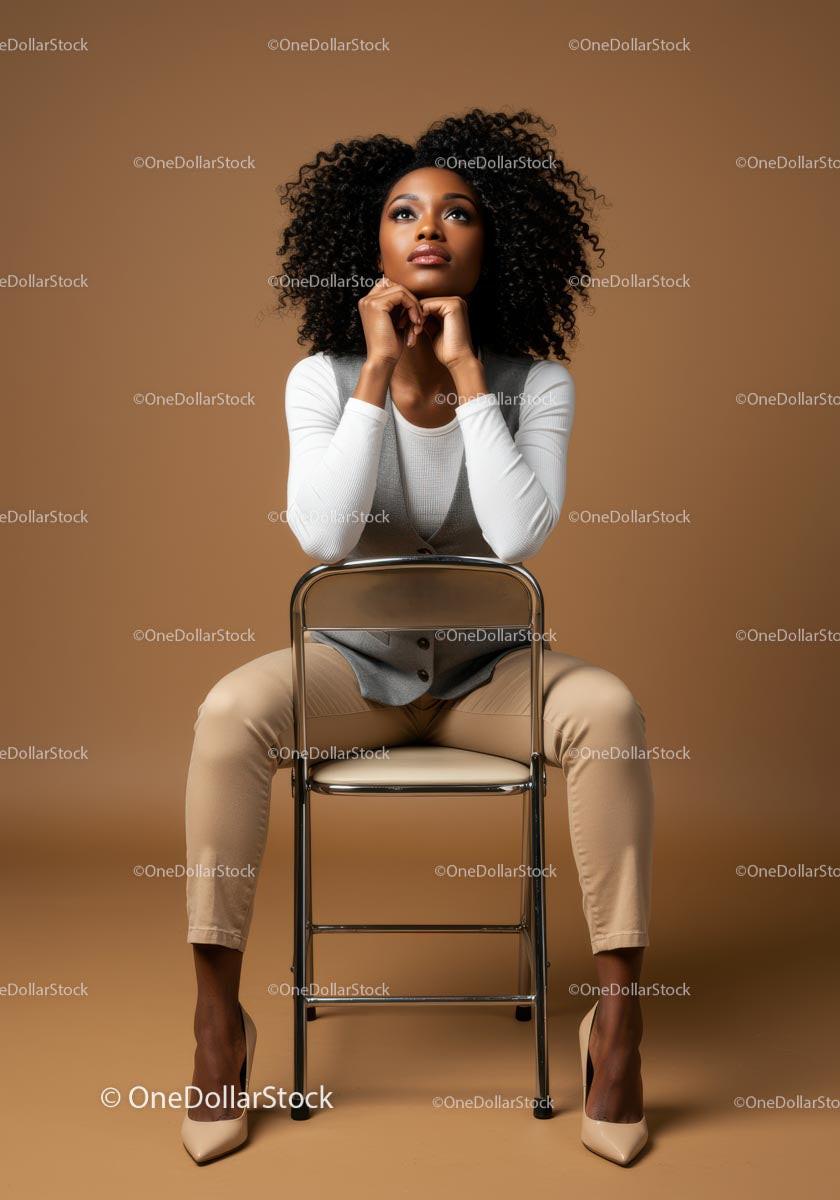 Stylish Woman Sitting on Chair with Bright Natural Hair and Fashionable Outfit