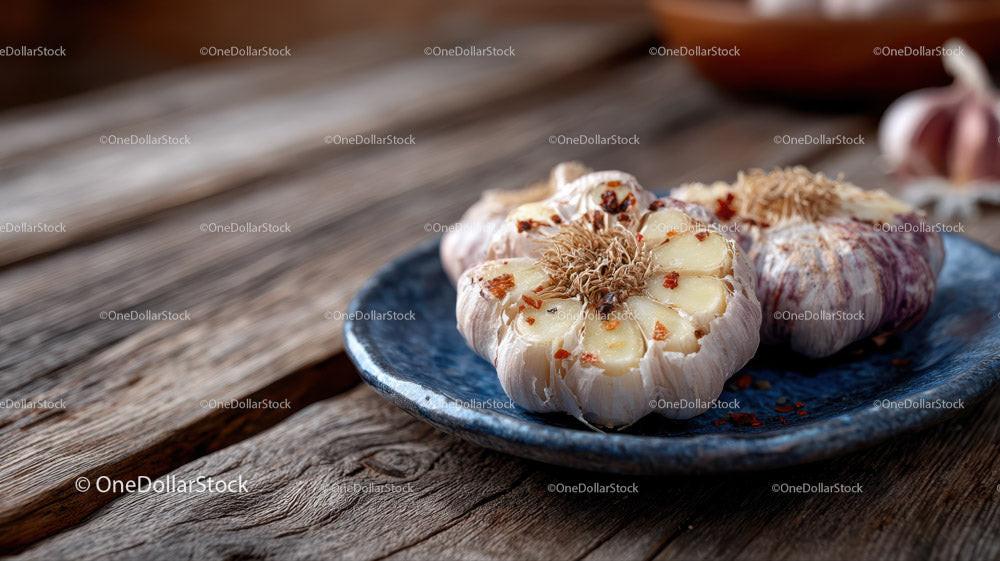 Roasted Garlic Cloves with Rosemary on Rustic Wooden Table Stock Photo Bundle preview 9