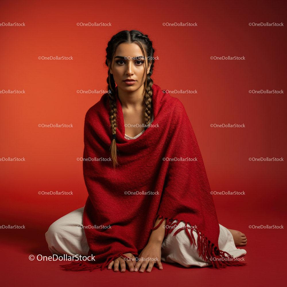 Elegant Woman in Red Shawl Posing Against Vibrant Background Stock Photo Bundle preview 10
