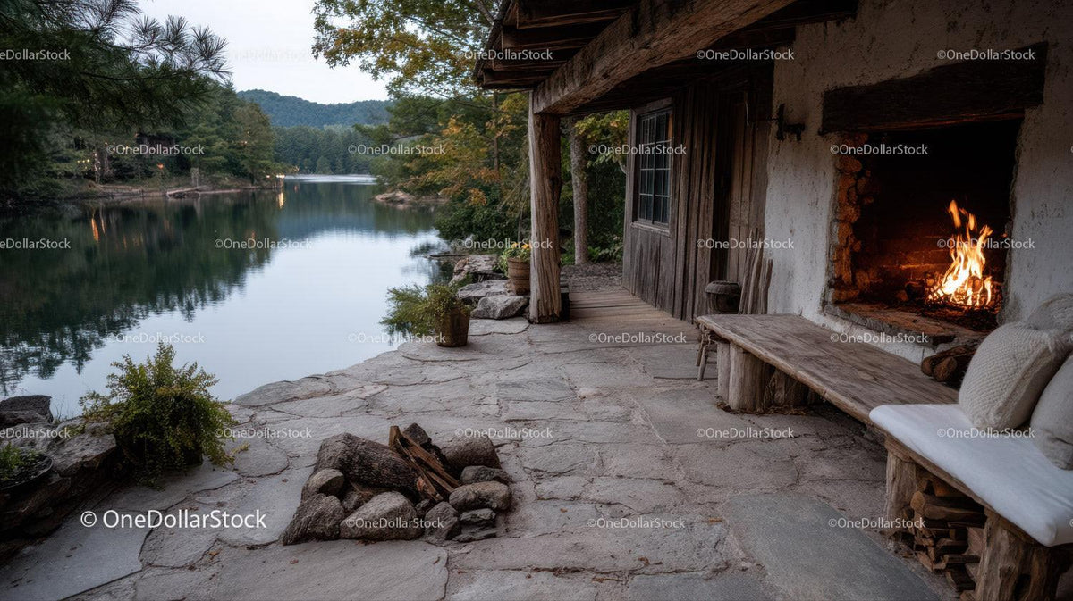 Cozy Riverside Cabin With Fireplace Overlooking Mountain Landscape Stock Photo Bundle preview 37