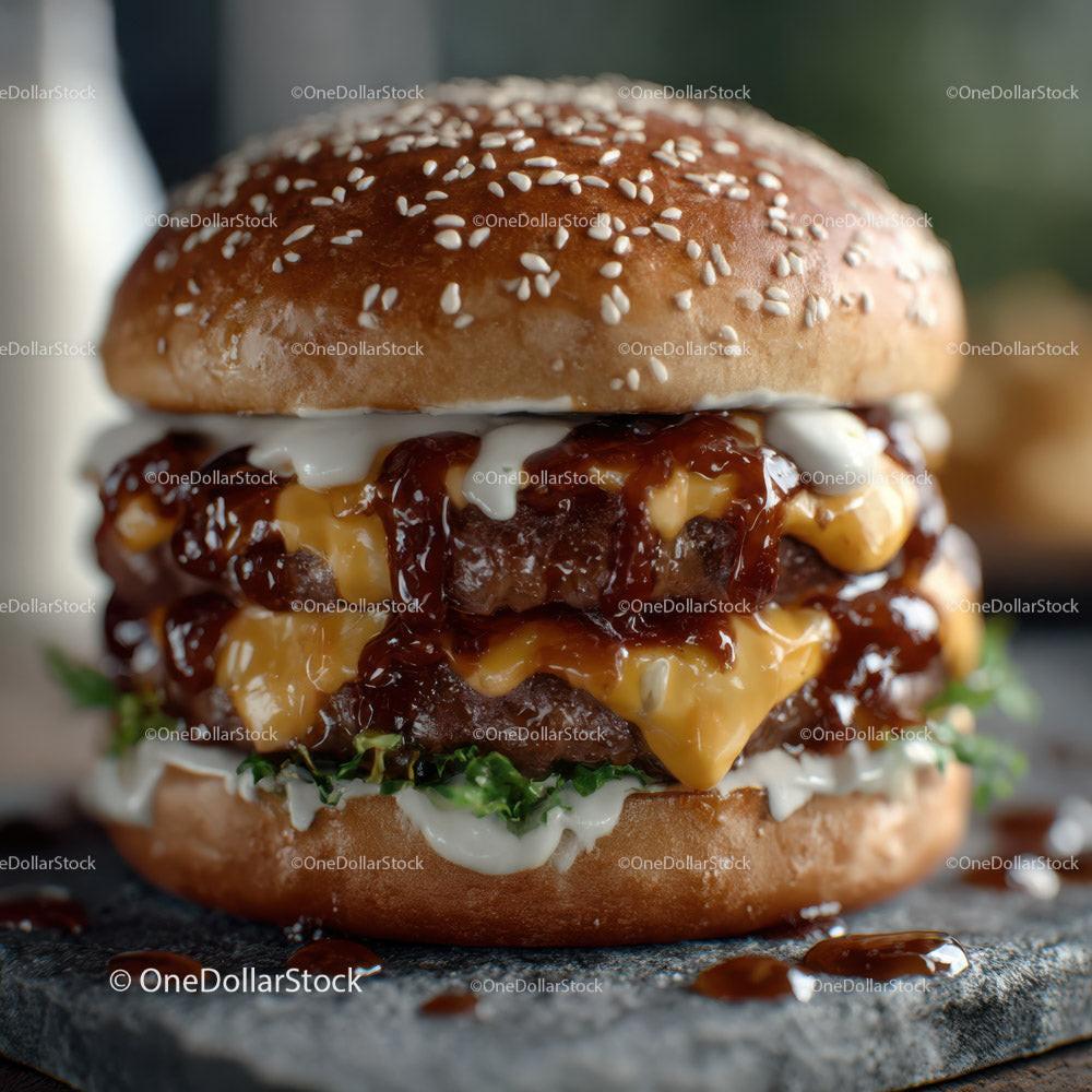 Delicious Double Cheeseburger with Bacon and Fresh Vegetables Stock Photo Bundle creative preview 12