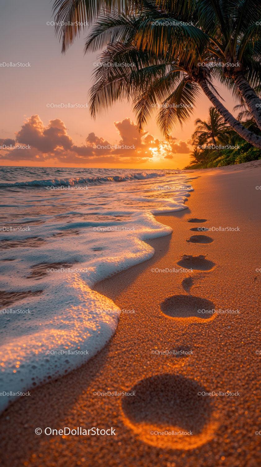 Sunset over Tropical Beach with Palm Trees and Footprints Stock Photo Bundle preview 26