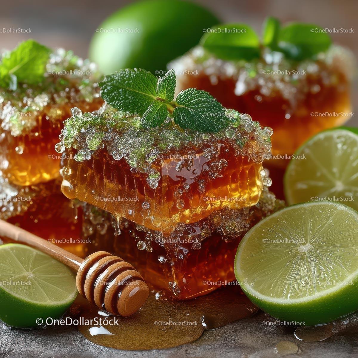 Delicious Honeycomb with Fresh Lime and Mint Leaves Stock Photo Bundle preview 14