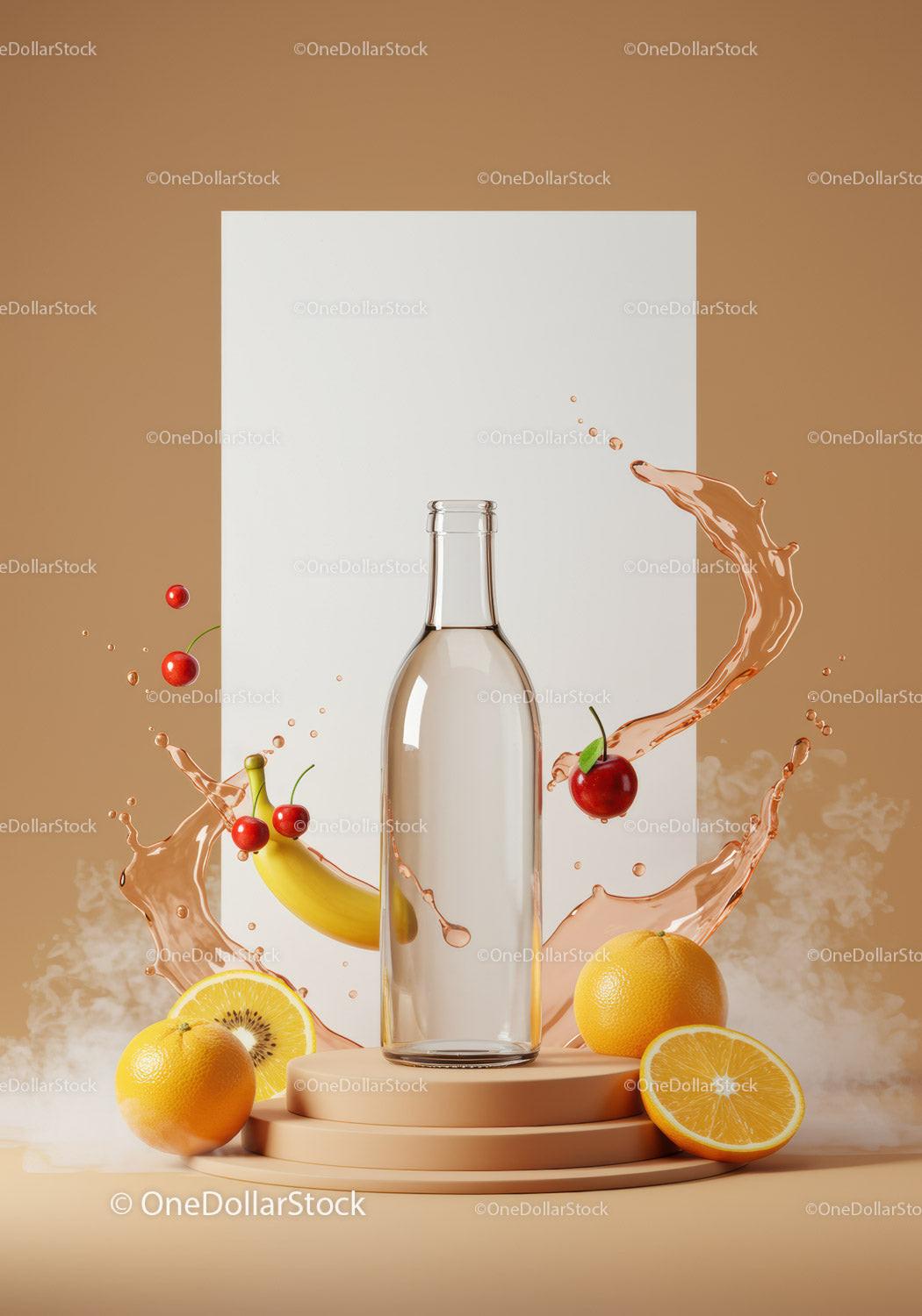 Clear glass bottle with fresh tropical fruit splash