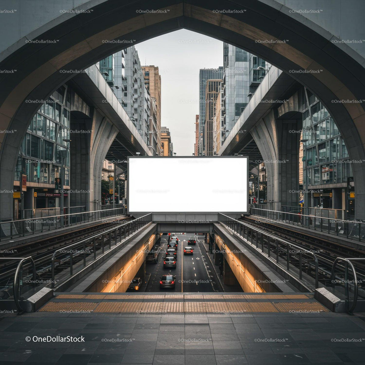 Urban traffic under modern city bridge with blank billboard JPG Mockup Image preview