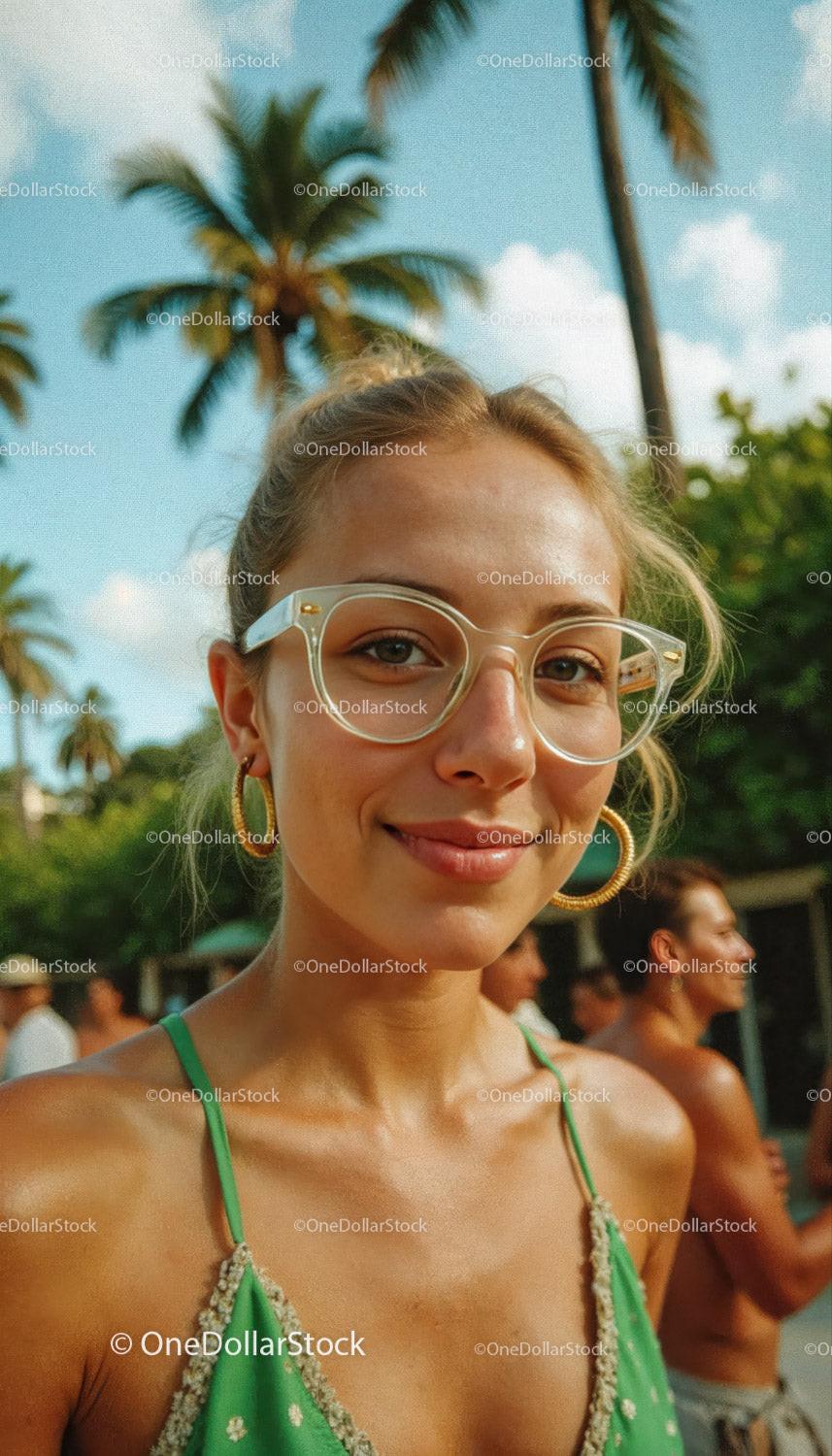 Young Woman Smiling in Green Dress and Sunglasses in Tropical Setting