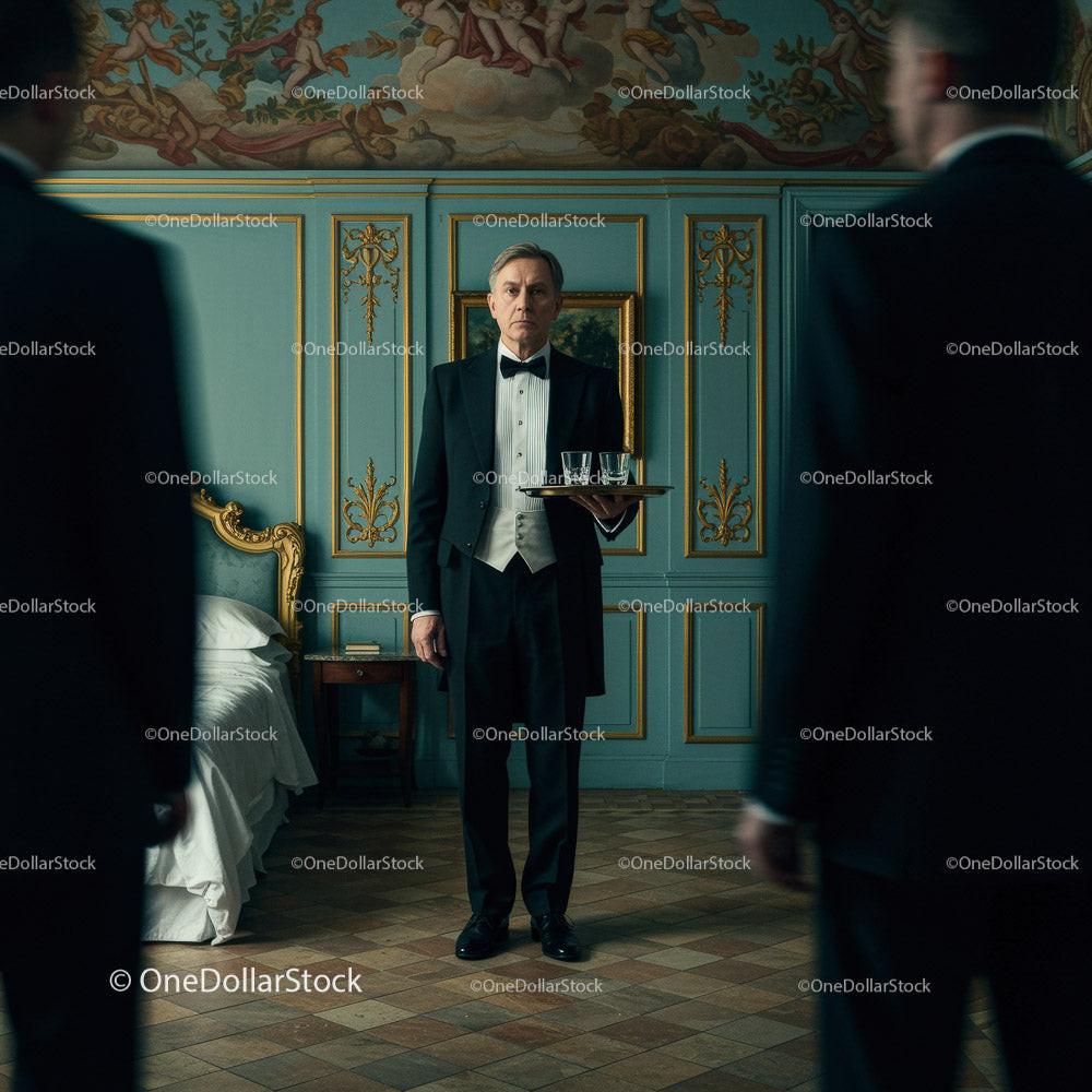 Elegant Waiter in a Luxurious Vintage Setting Serving Drinks Stock Photo Bundle preview