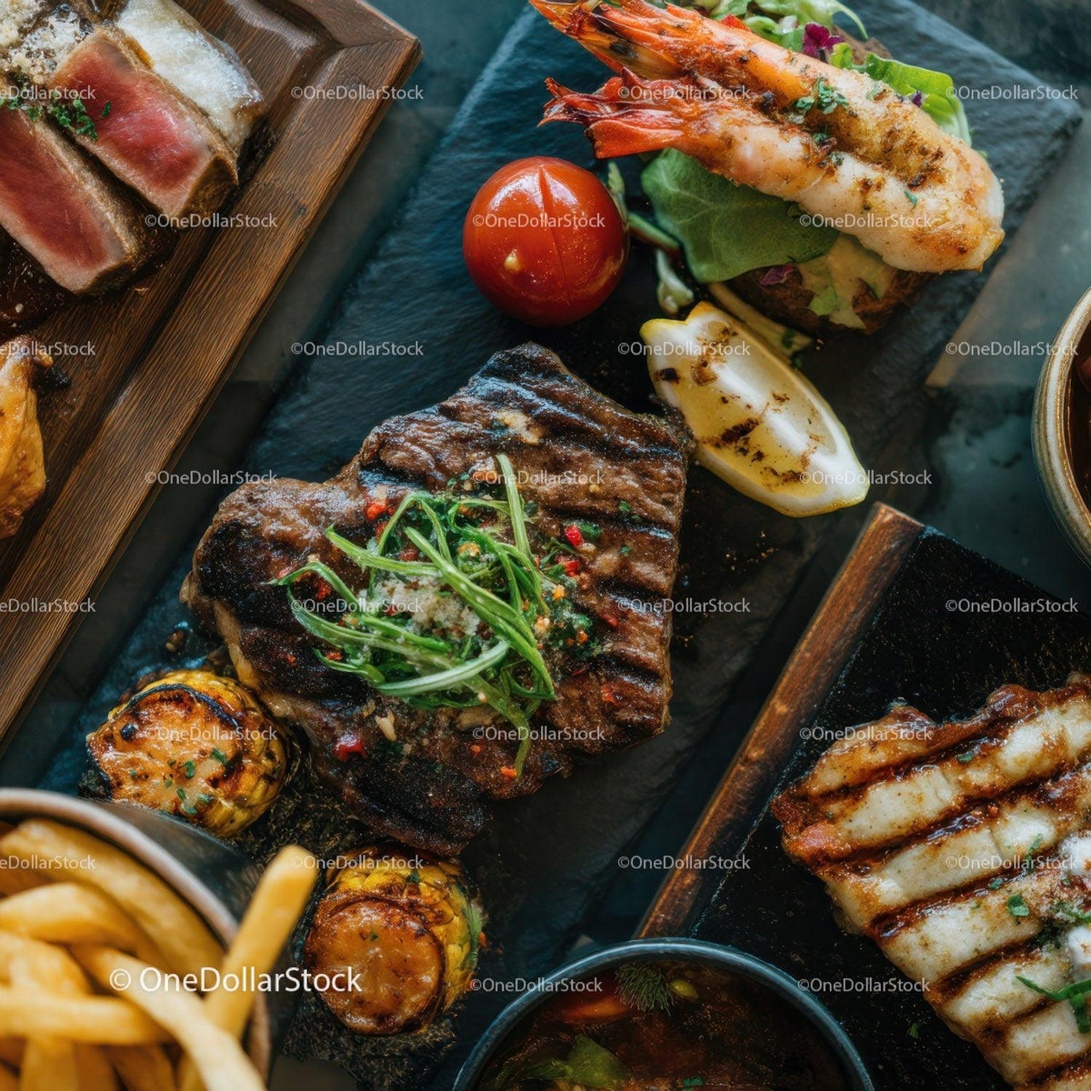 Variety of Grilled Meats and Seafood with Fresh Vegetables