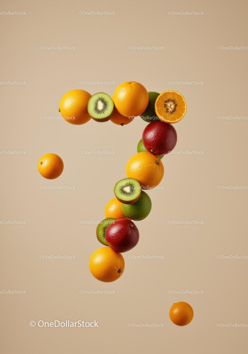 Fruits arranged in number seven on beige background