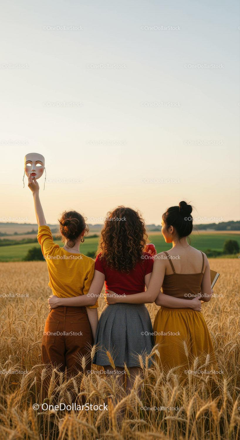 Women in Casual Outfits Standing in Wheat Field at Sunset with Mask
