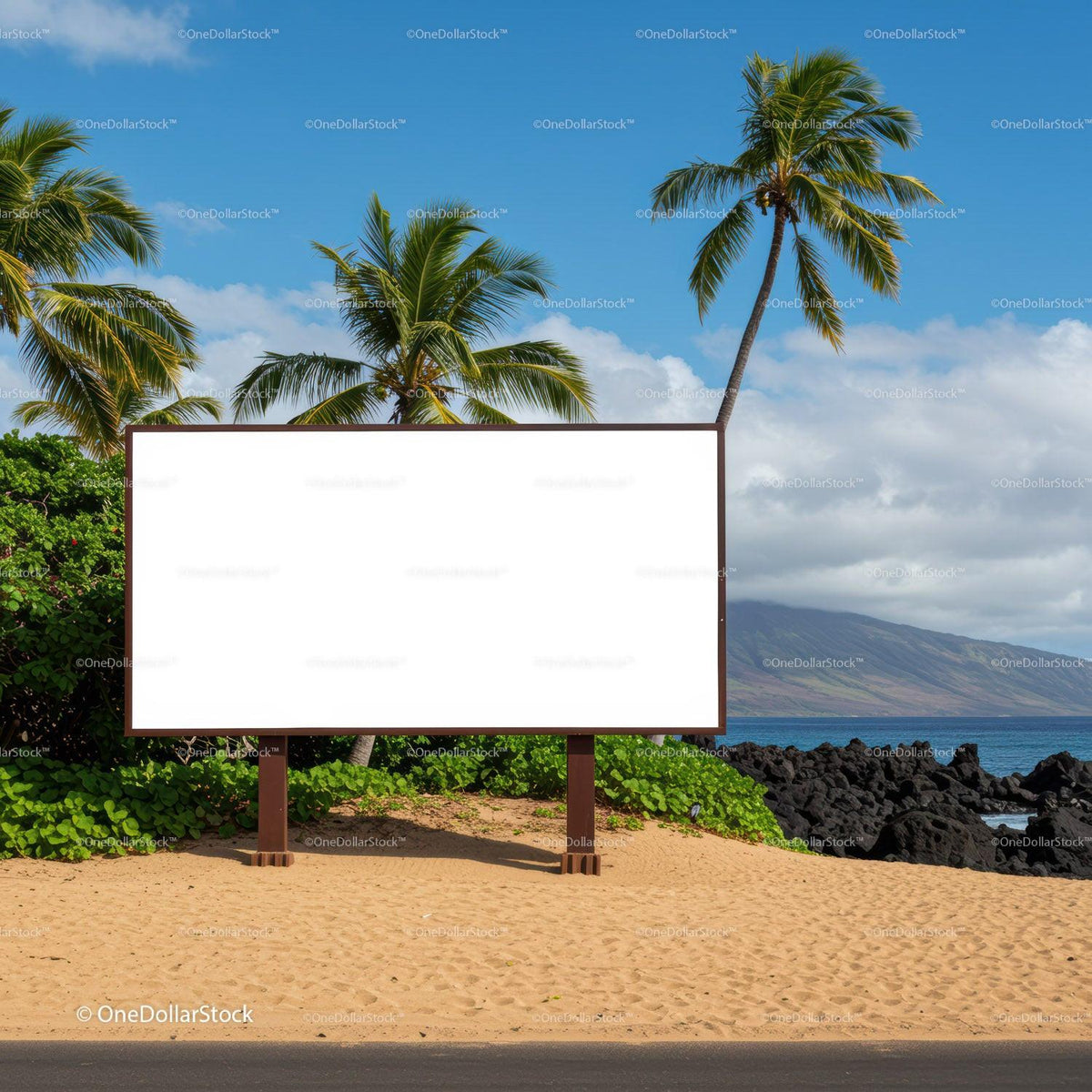 Empty billboard on tropical beach with palm trees JPG Mockup Image preview
