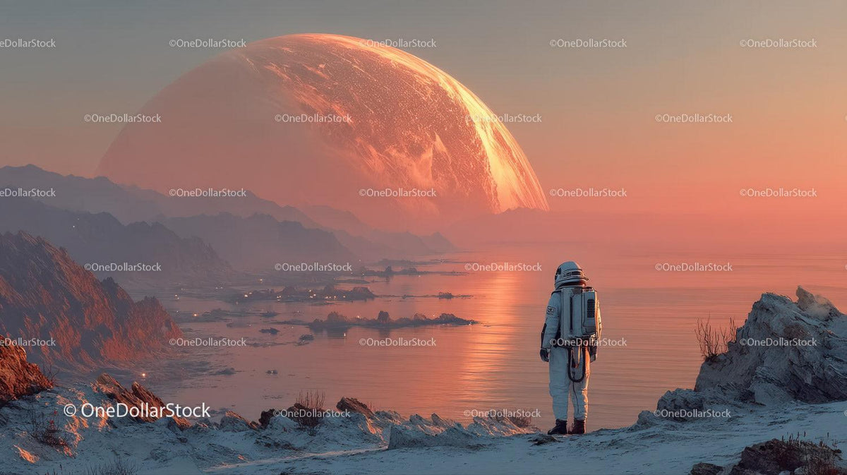 Astronaut Exploring a Surreal Alien Landscape with a Giant Orange Planet Stock Photo Bundle preview 30
